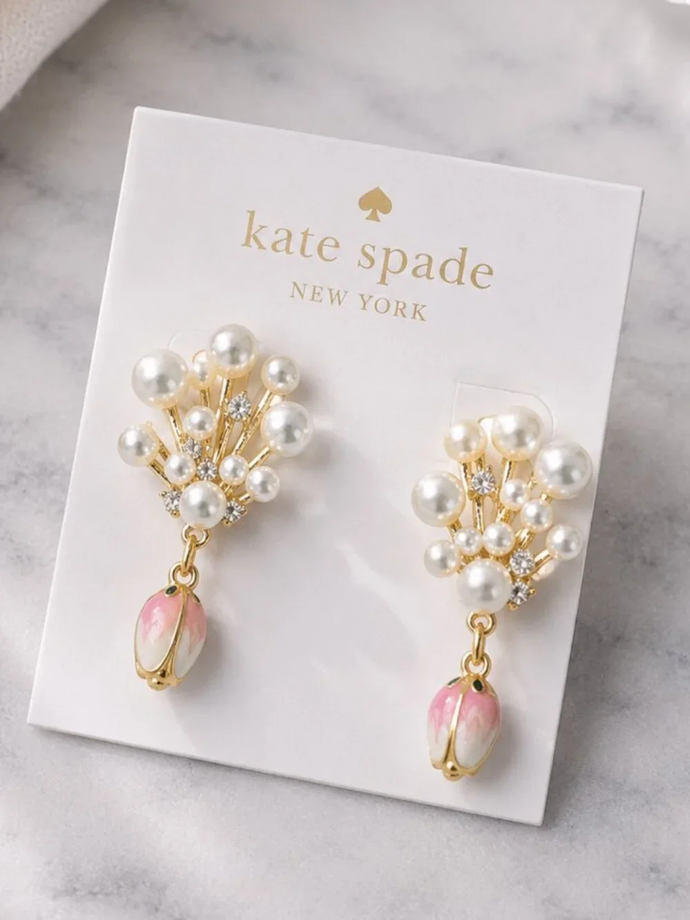 Kate Spade Pearl Crystal Floral Drop Earrings Gold Pink Flower Earrings 🌸
